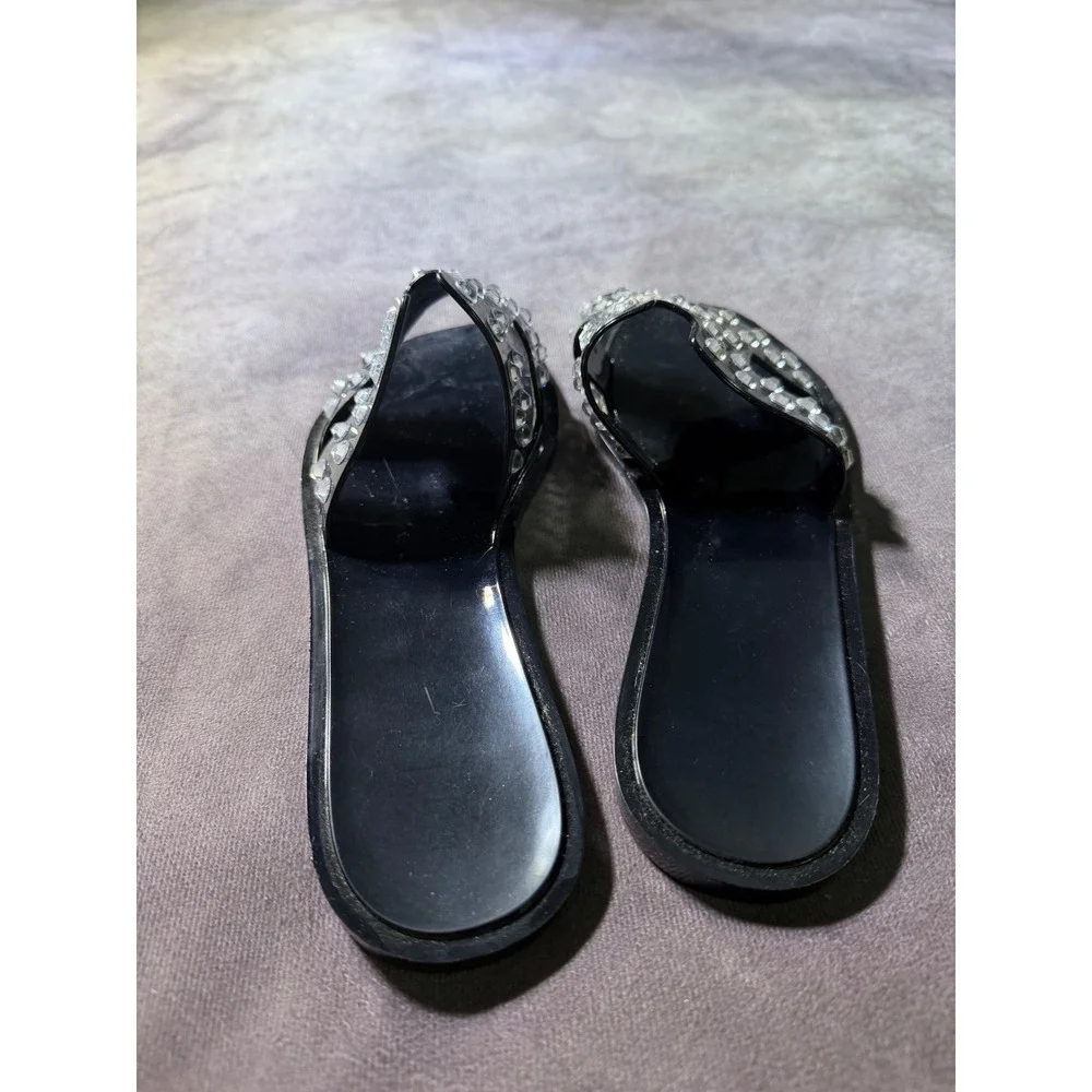 Black Rhinestone Jelly H-Strap Slide Sandals Square Toe Summer Flats Size 9